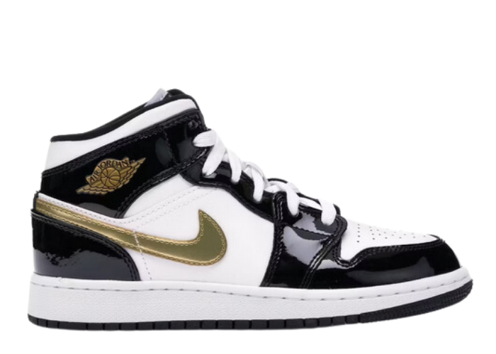 Air Jordan 1 Mid SE Patent Black Metallic Gold White (PS) - BQ6932 